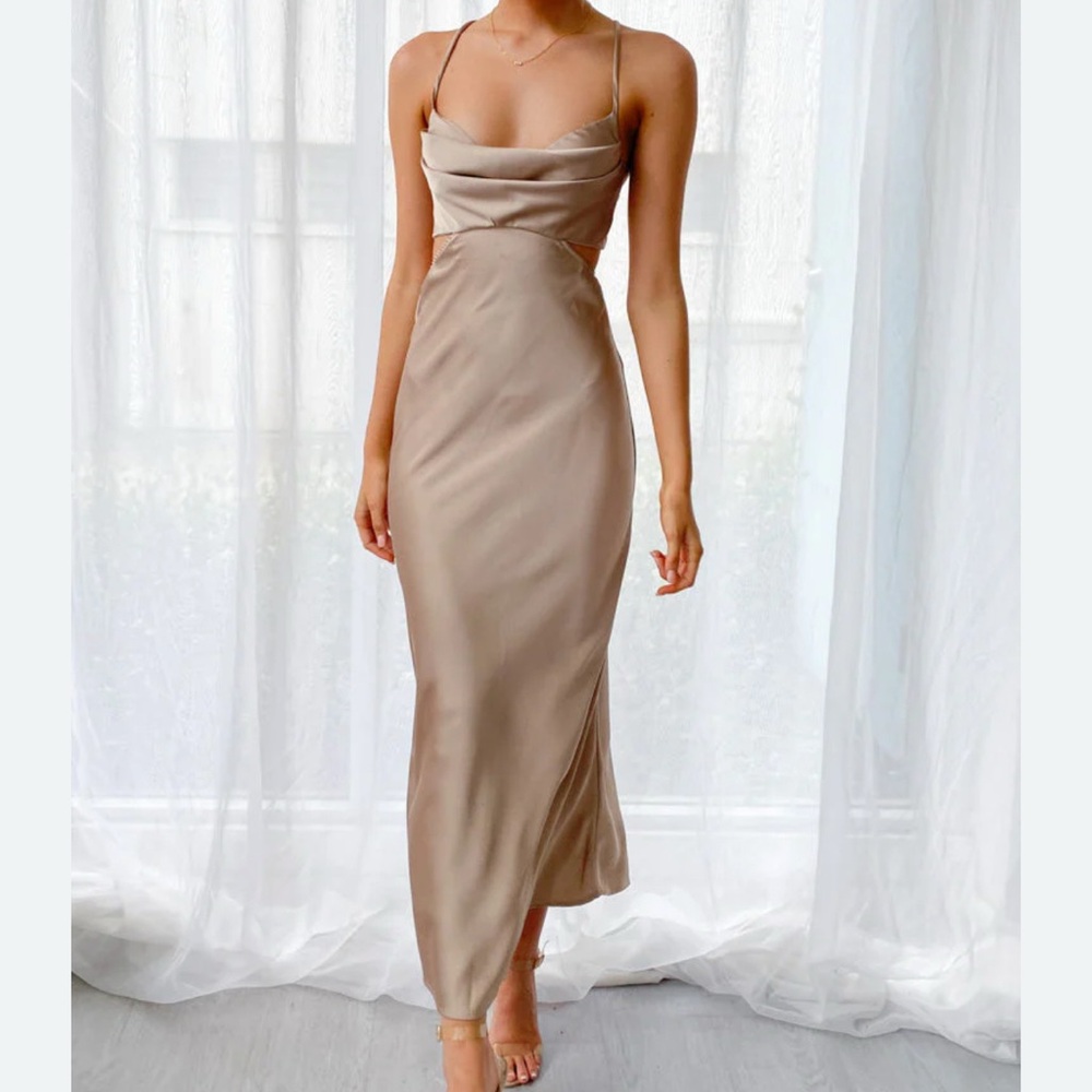 Beginning Boutique Champagne Mocha Taleah Cut-Out Dress